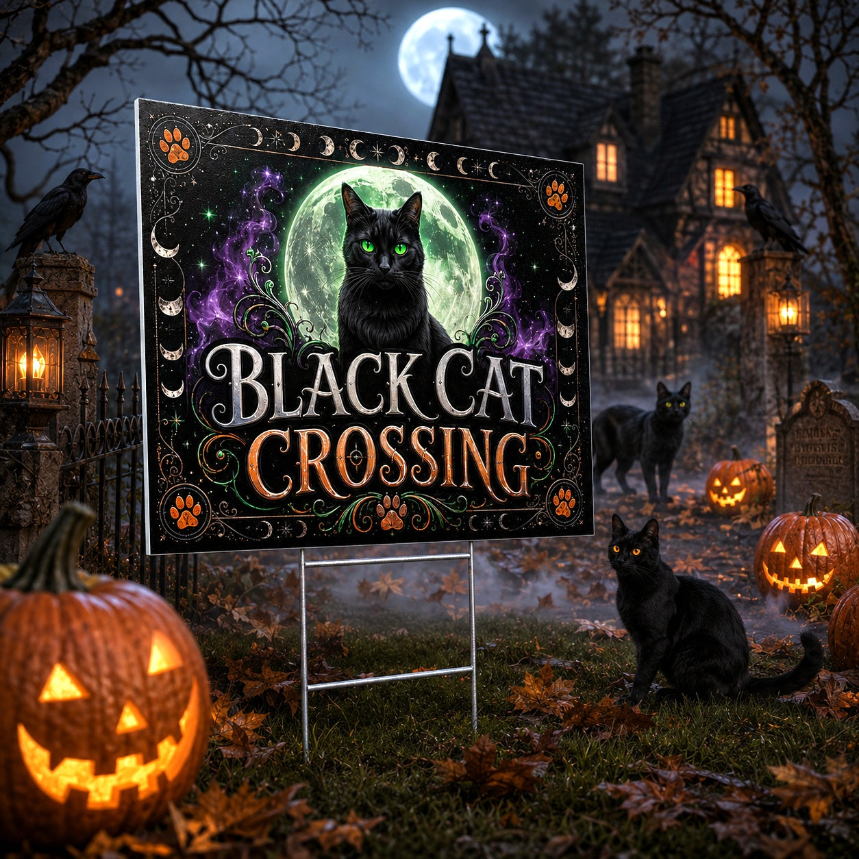 Black Cat Crossing on Halloween Night Yard Sign - close up detail