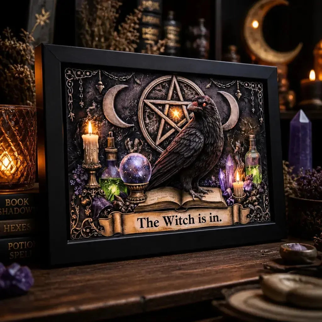 Triple Moon & Black Raven Witchy Art Print - Gothic Crow Black Framed Canvas Wall Art for Wiccan Home Decor_mockup_3.webp