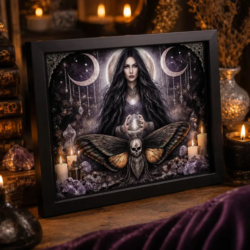Halloween Black Framed Art Print Canvas for Witch Home Decor - Death Moth Gothic Decor with Triple Moon_mockup_3.webp