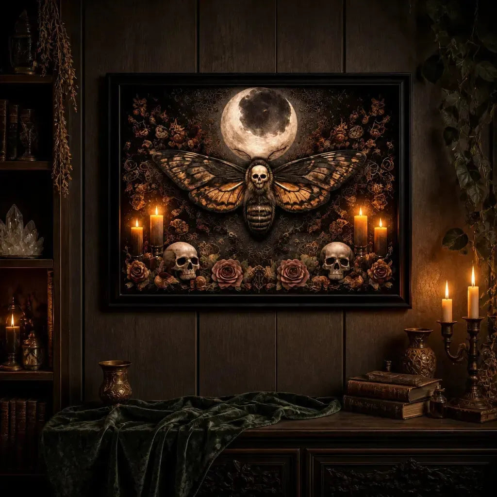 Halloween Death Moth Canvas Wall Art - Moon Moth Black Framed Print for Gothic Witch Decor_mockup_2.webp
