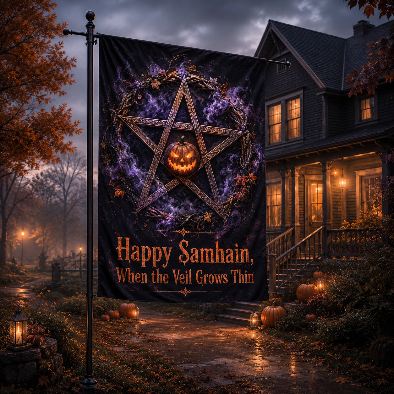 Close-up of Samhain Veil Pentacle house flag showing pentacle artwork