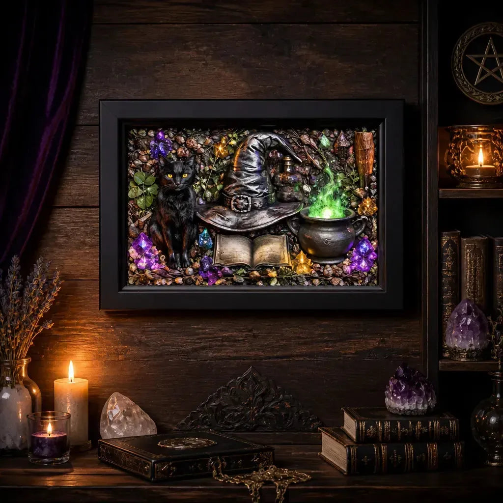 Black Framed Gothic Black Cat & Witchy Hat Wall Art - Halloween Canvas Print for Witch House Decor_mockup_2.webp