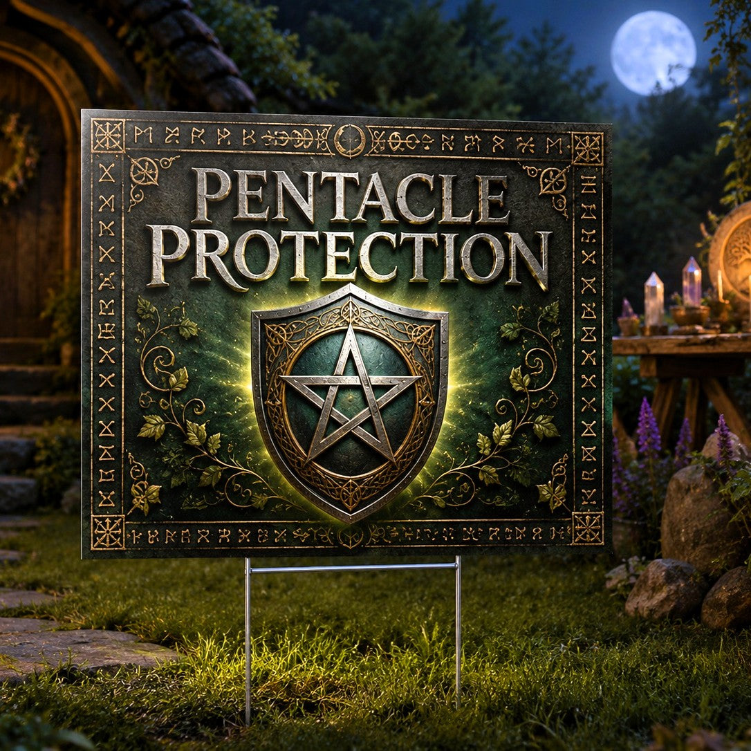 Pentacle Protection Shield Wreath Wicca Yard Sign - front view