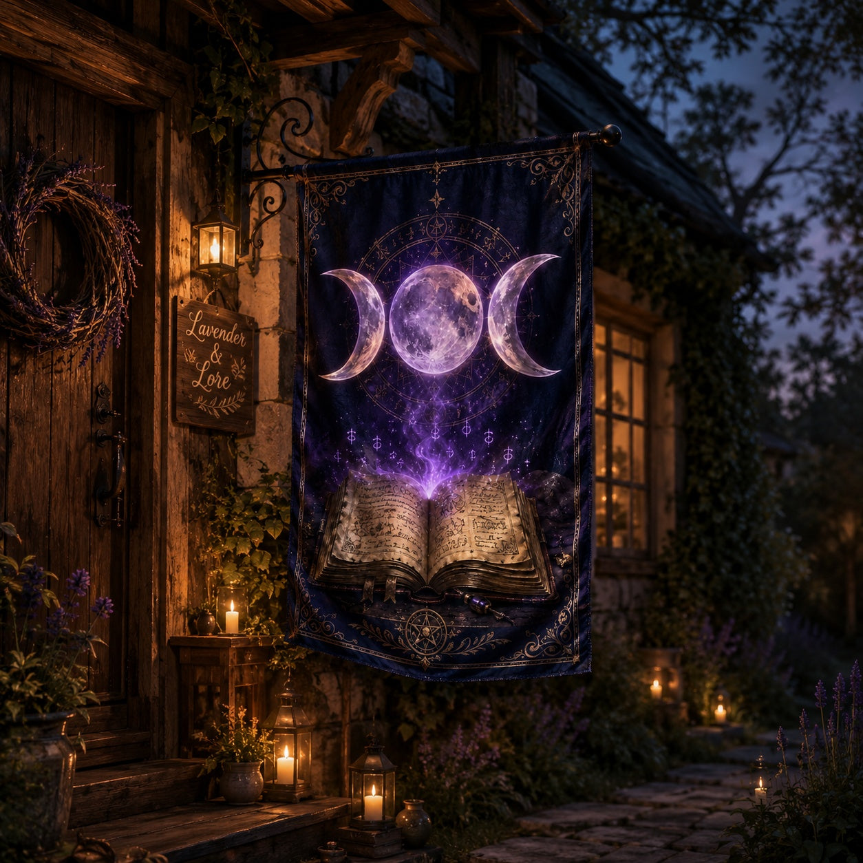 Close-up of Wicca Triple Moon house flag showing spellbook artwork