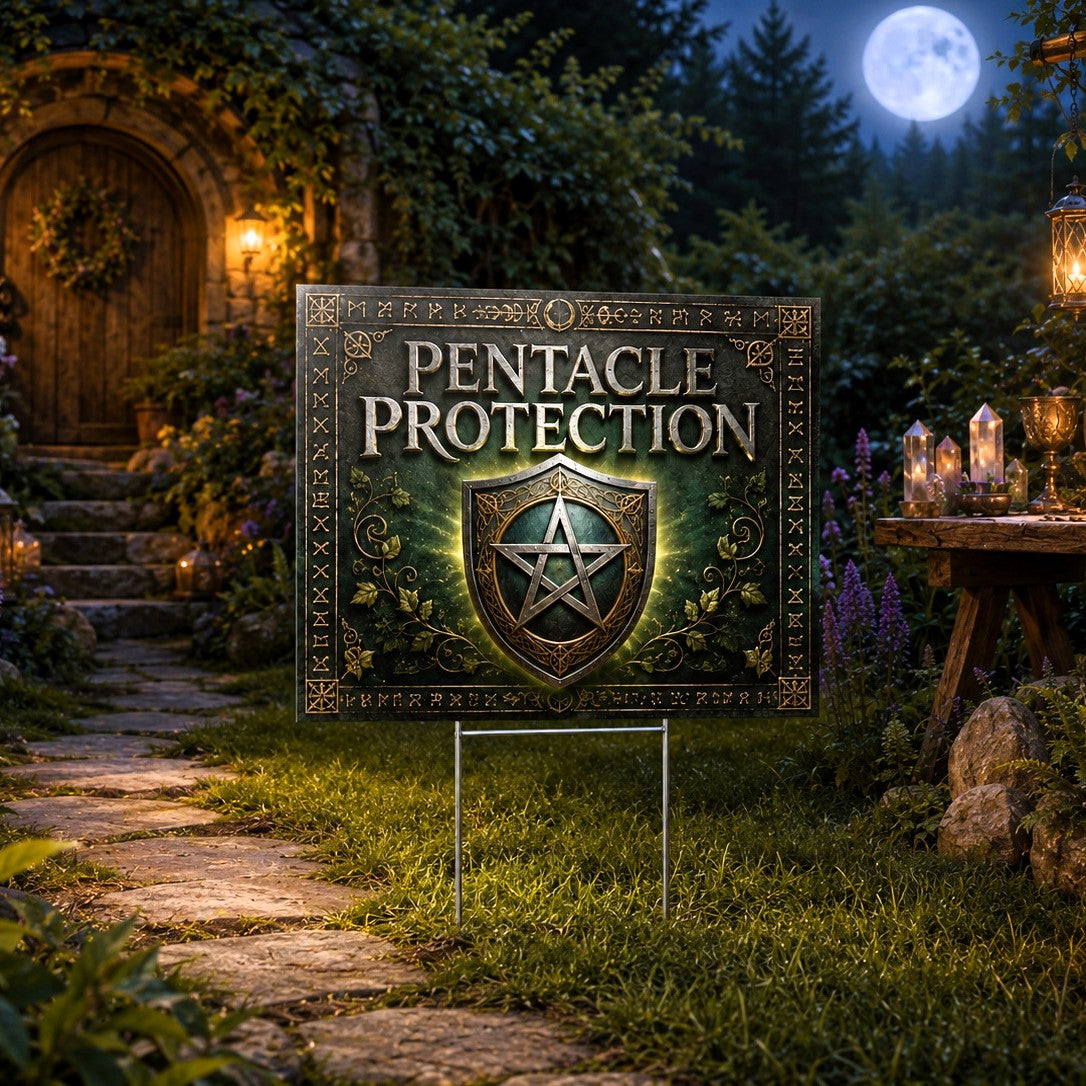 Pentacle Protection Shield Wreath Wicca Yard Sign - close up detail