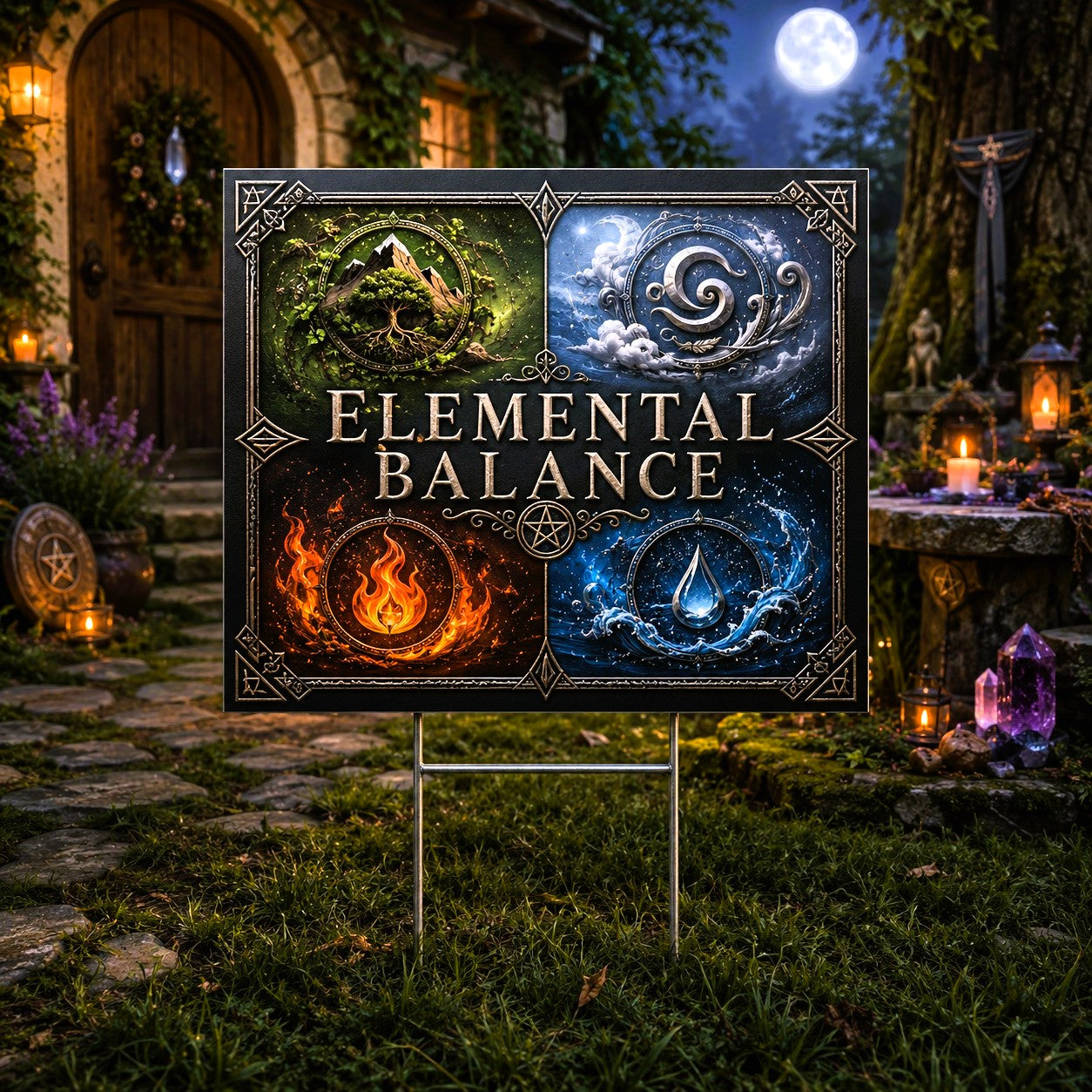 Elemental Balance Four Elements Symbols Wicca Yard Sign - front view
