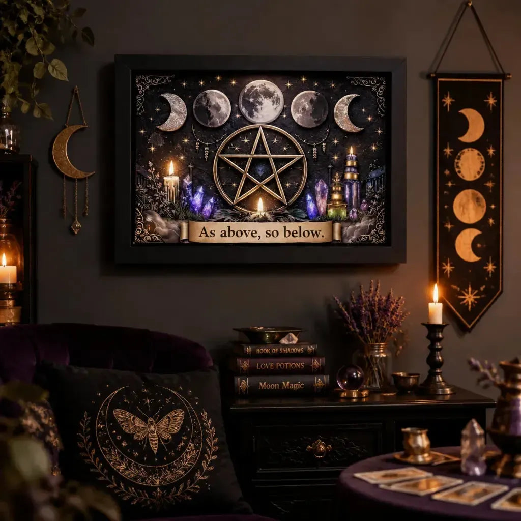 Witchy Moon Phase & Pentacle Pagan Home Decor - Black Framed Wicca Art Print Canvas_mockup_1.webp