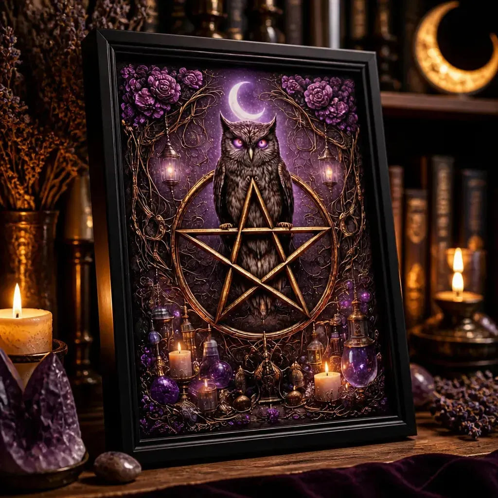 Mystical Owl Gothic Decor with Pentacle - Wiccan Black Framed Art Print Canvas for Witch Home Decor_mockup_3.webp