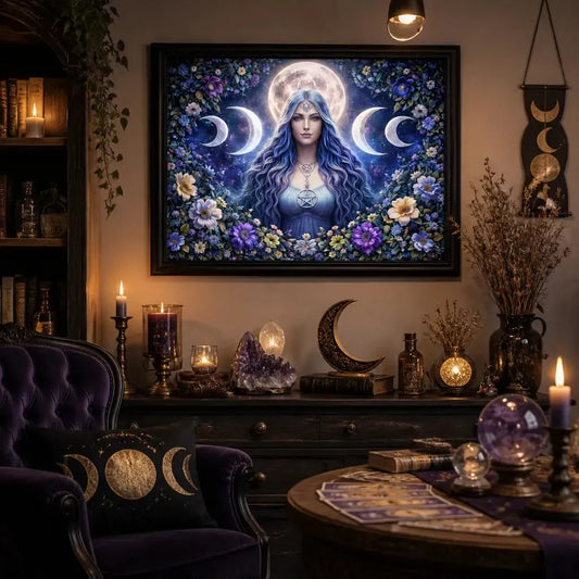 Wiccan Moon Goddess Canvas Wall Art - Black Framed Print for Pagan Altar Decor_mockup_1.webp
