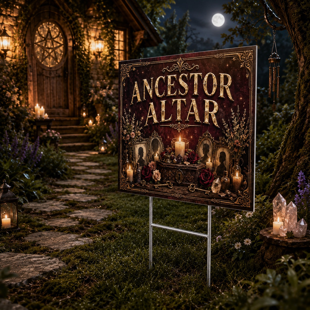 Ancestor Altar Candles Offerings Witchy Yard Sign - close up detail