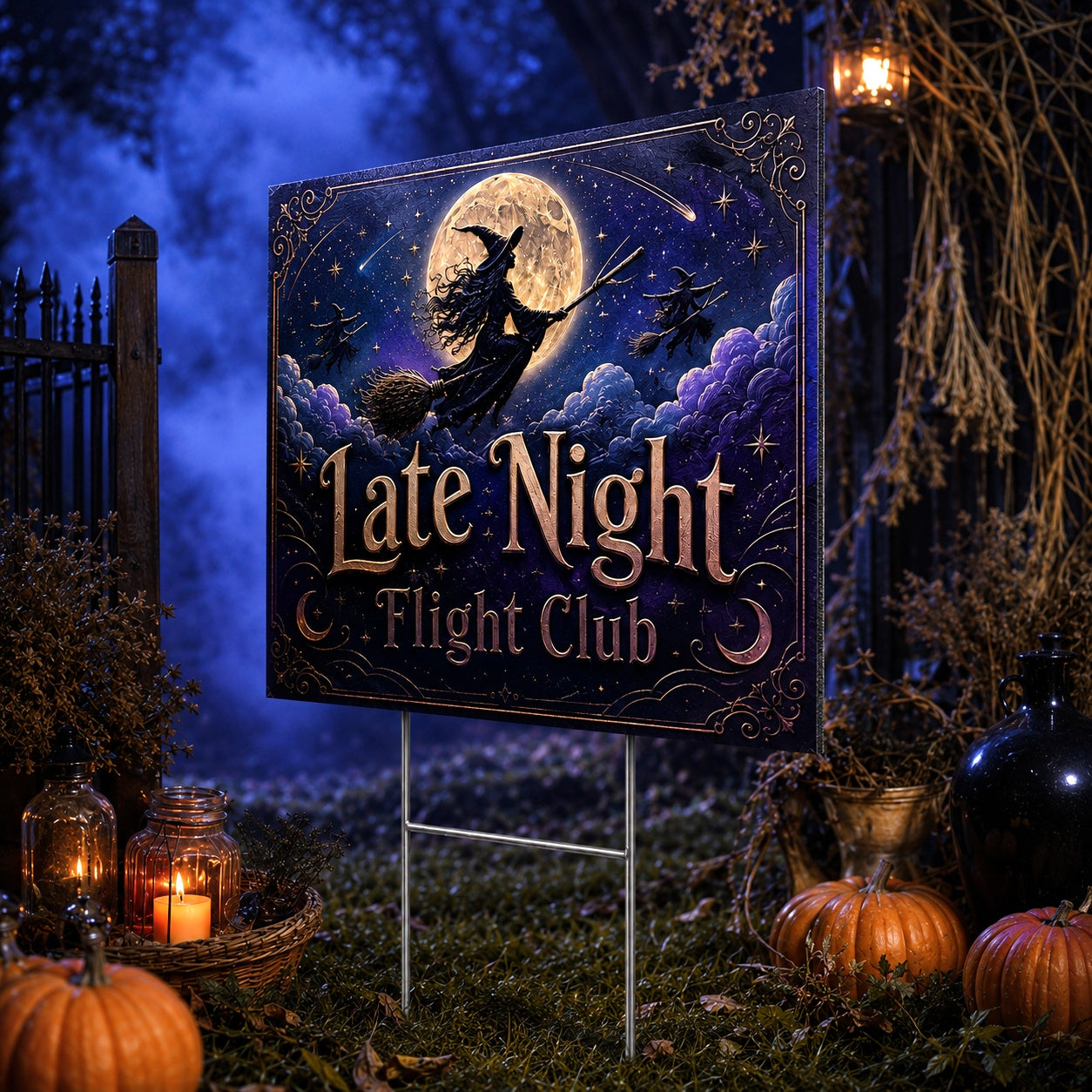 Witch Flight Club Halloween Yard Sign - close up detail