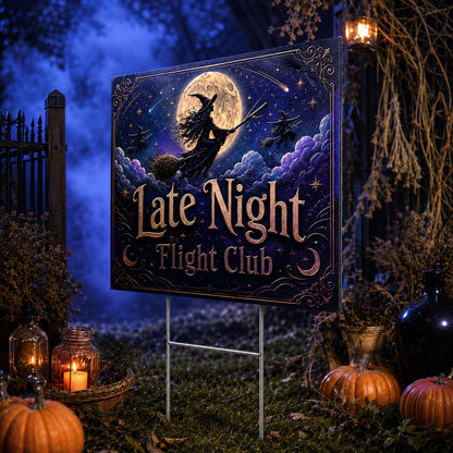 Witch Flight Club Halloween Yard Sign - close up detail