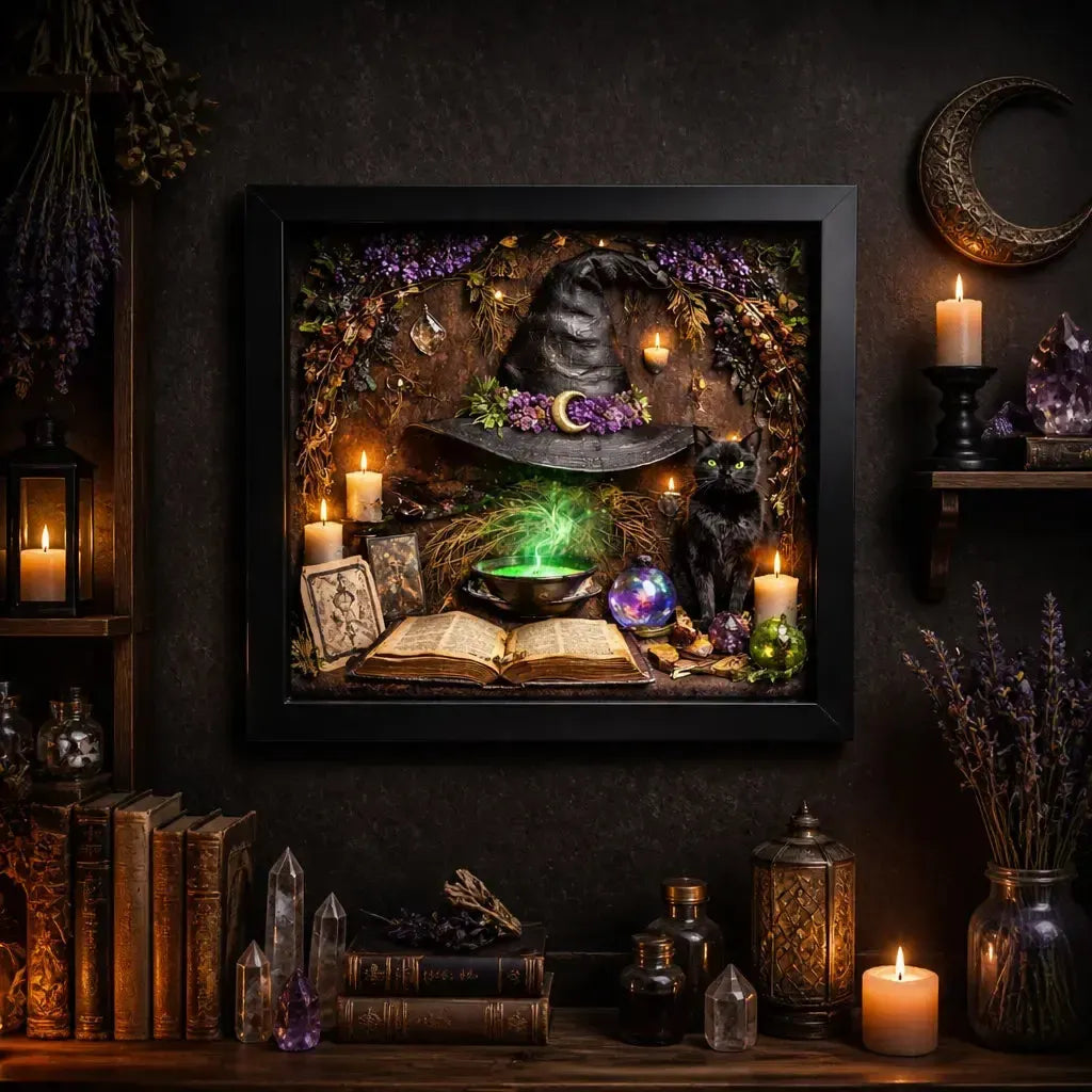 Witch Hat Black Cat Halloween Decor - Gothic Black Framed Art Print Canvas for Dark & Mystical Spaces_mockup_2.webp