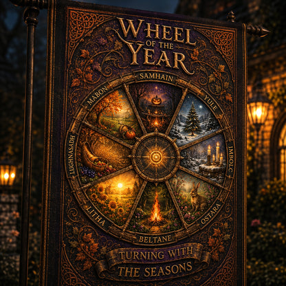 Wheel of the Year house flag displayed outdoors on a garden flag stand