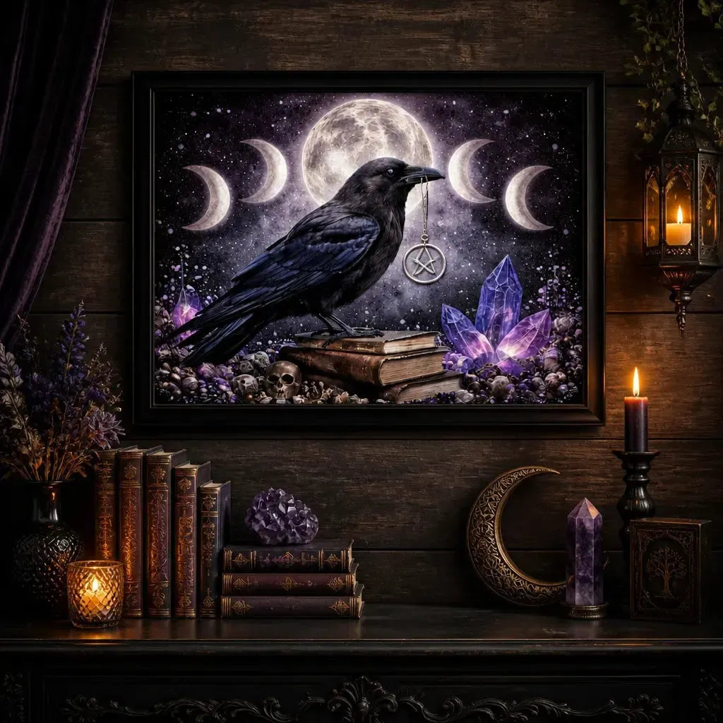 Moon Phase Raven Witchy Wall Art - Wiccan Crow Black Framed Canvas Print for Dark Academia Halloween Decor_mockup_2.webp