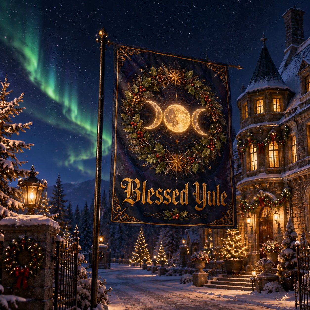 Close-up of Triple Moon Blessed Yule house flag showing winter pagan artwork