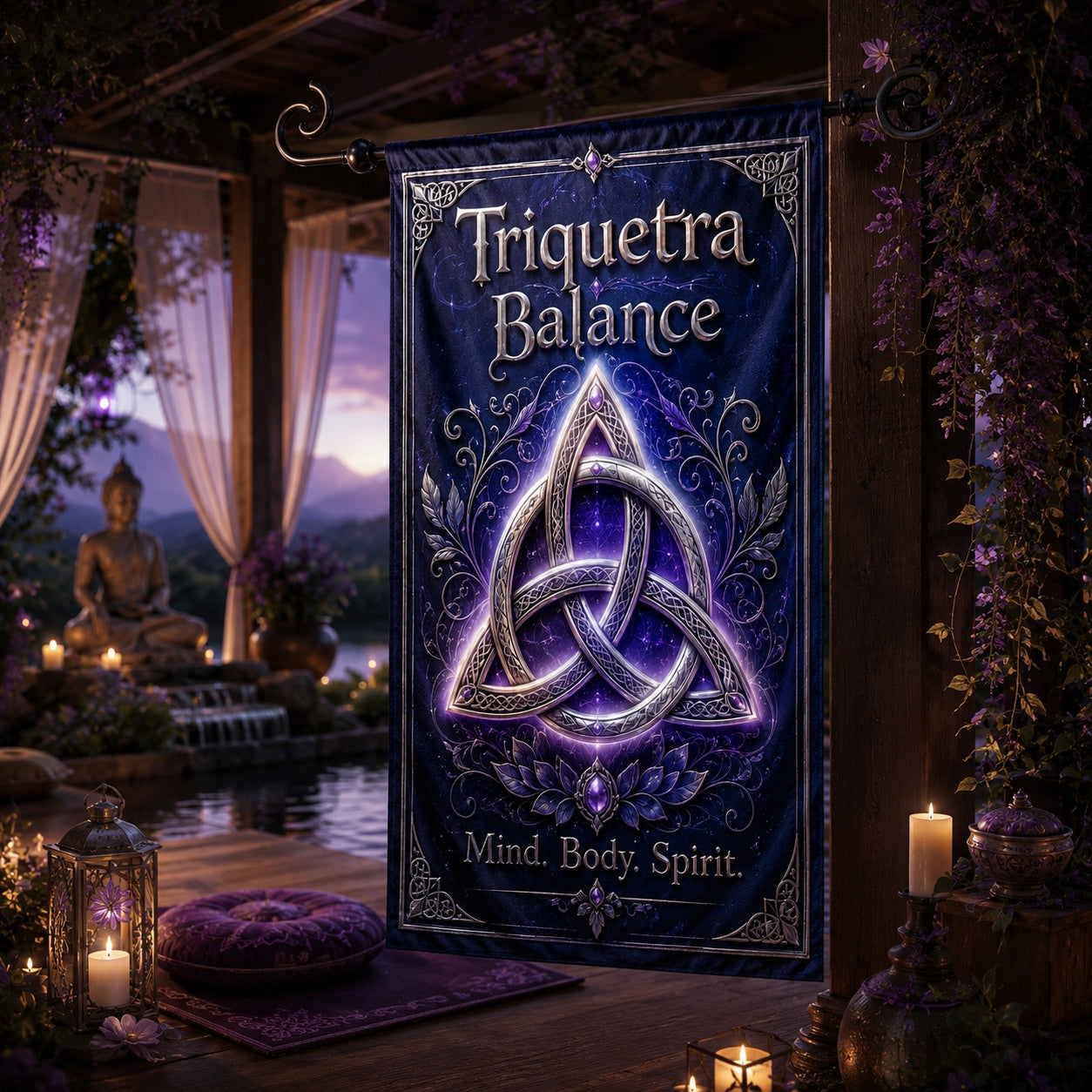 Close-up of Triquetra Balance house flag showing Celtic knot artwork