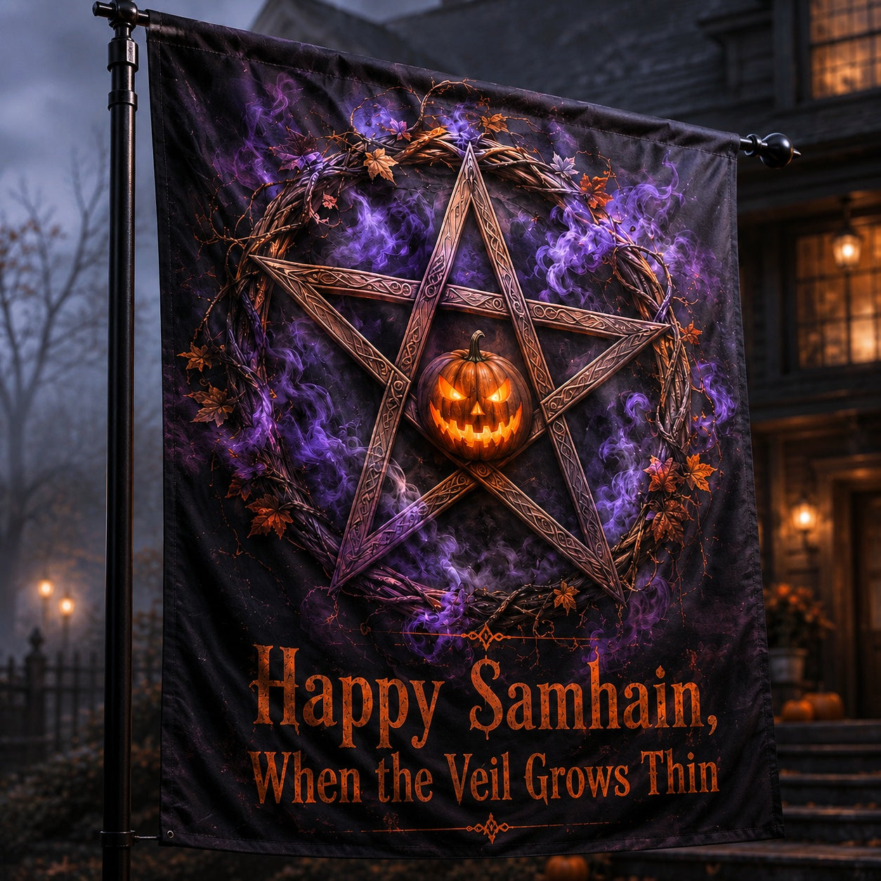 Samhain Veil Pentacle house flag displayed outdoors on a garden flag stand