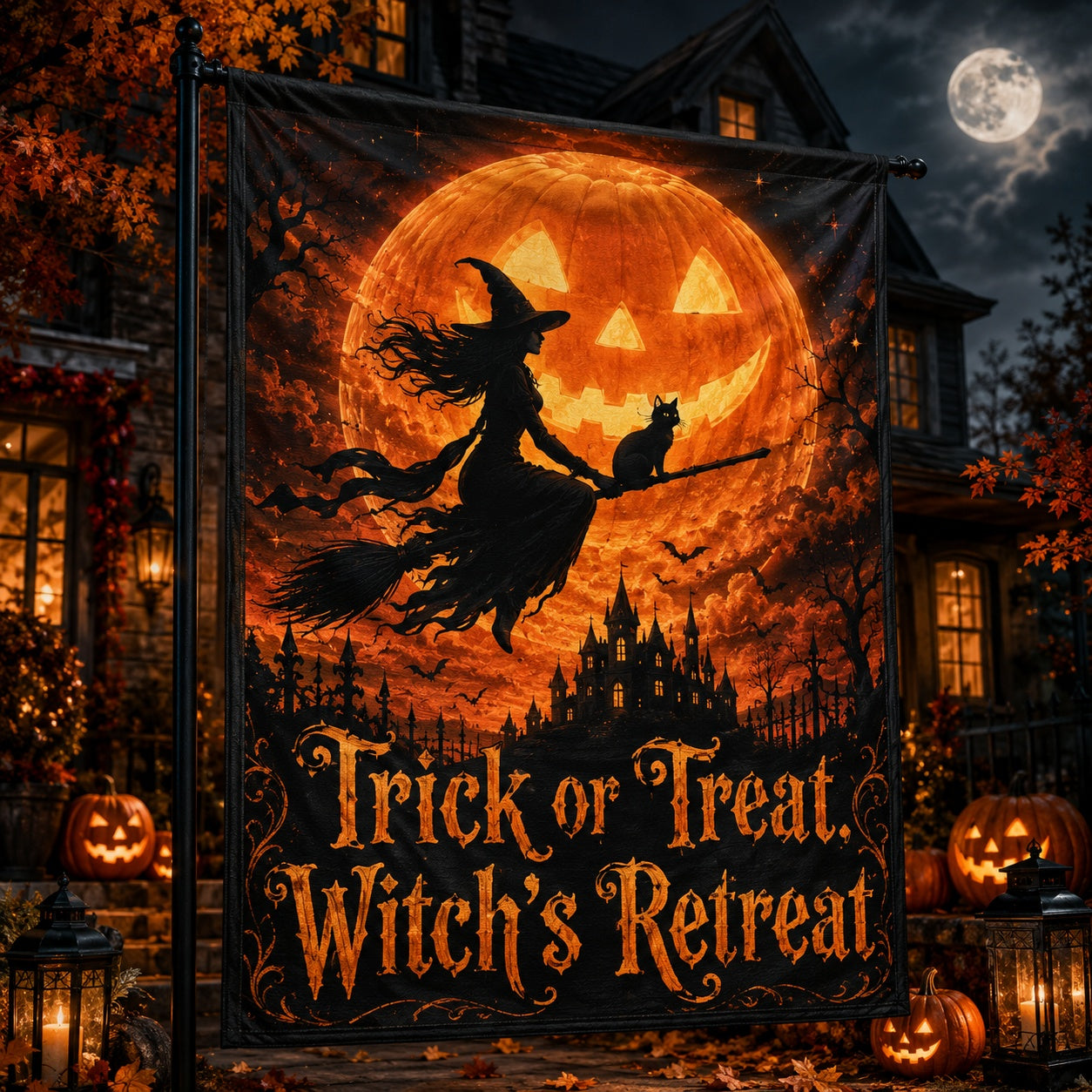Witch Riding Broom Black Cat Halloween house flag with Trick or Treat design