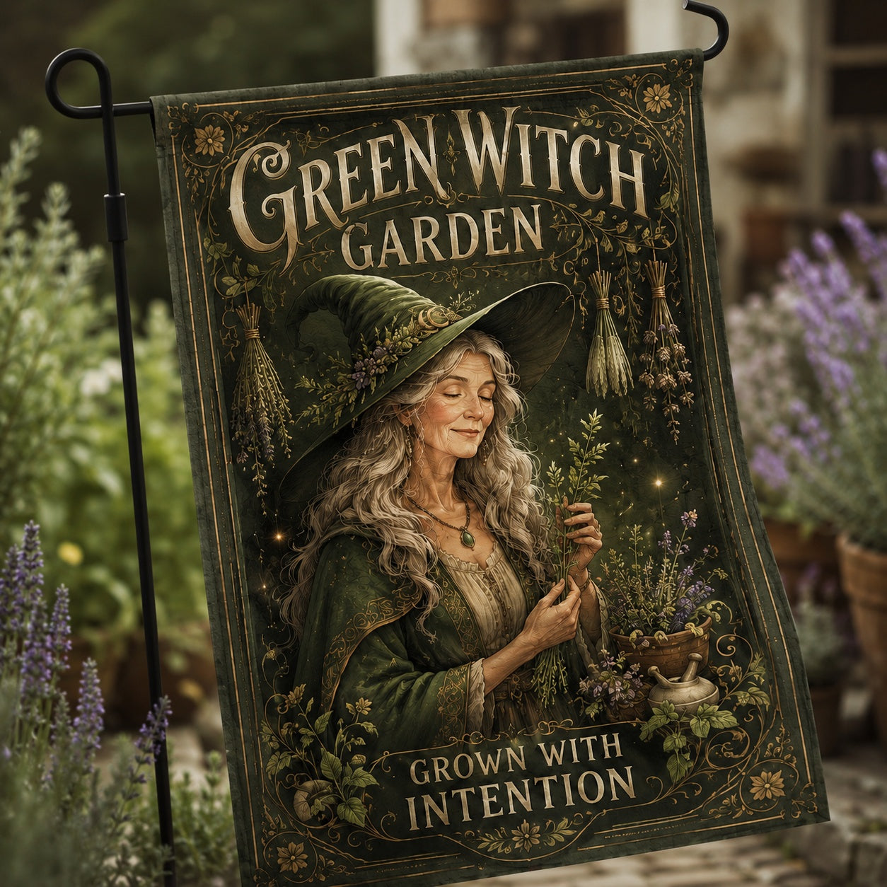 Green Witch Garden house flag displayed outdoors on a garden flag stand