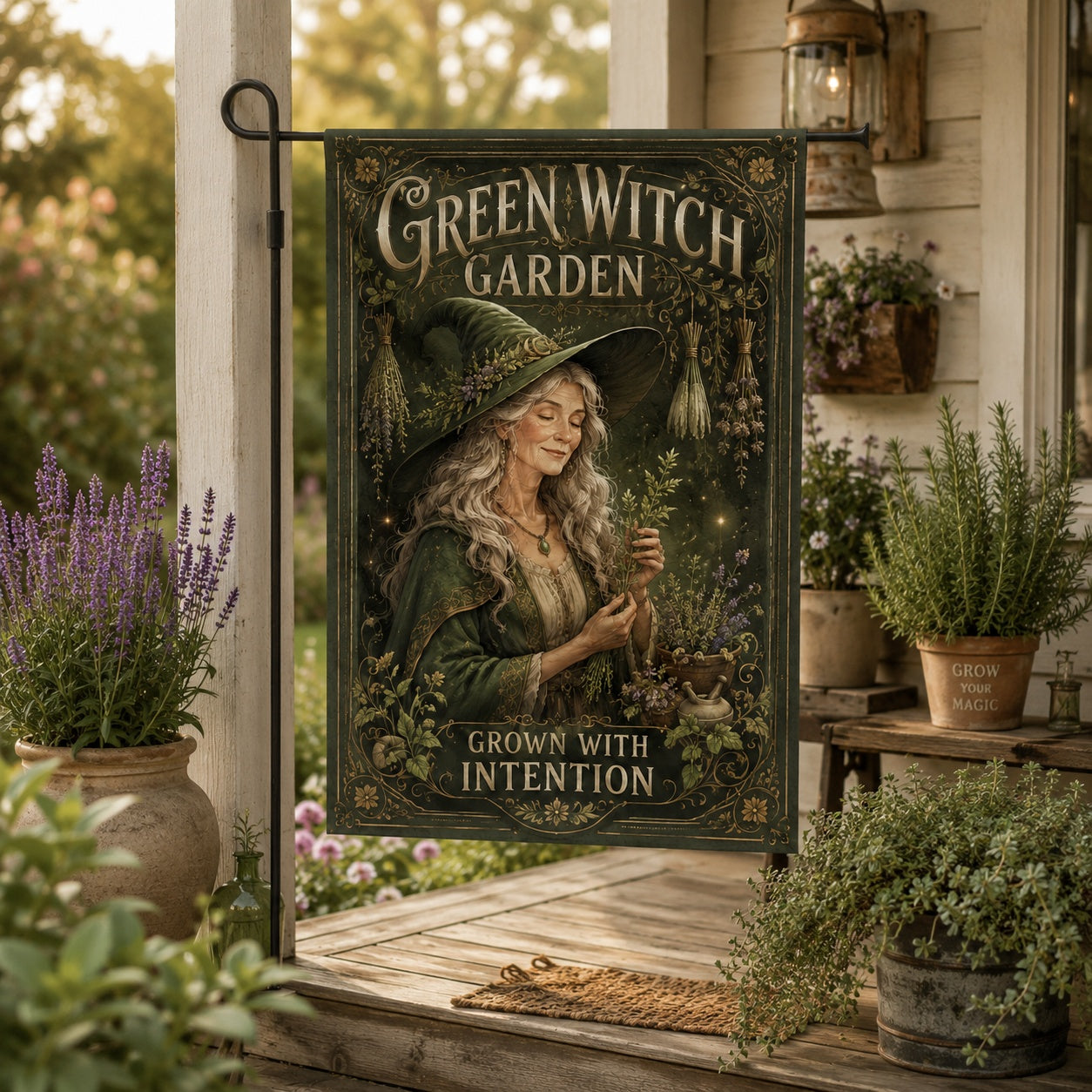 Close-up of Green Witch Garden house flag showing herbal witch artwork
