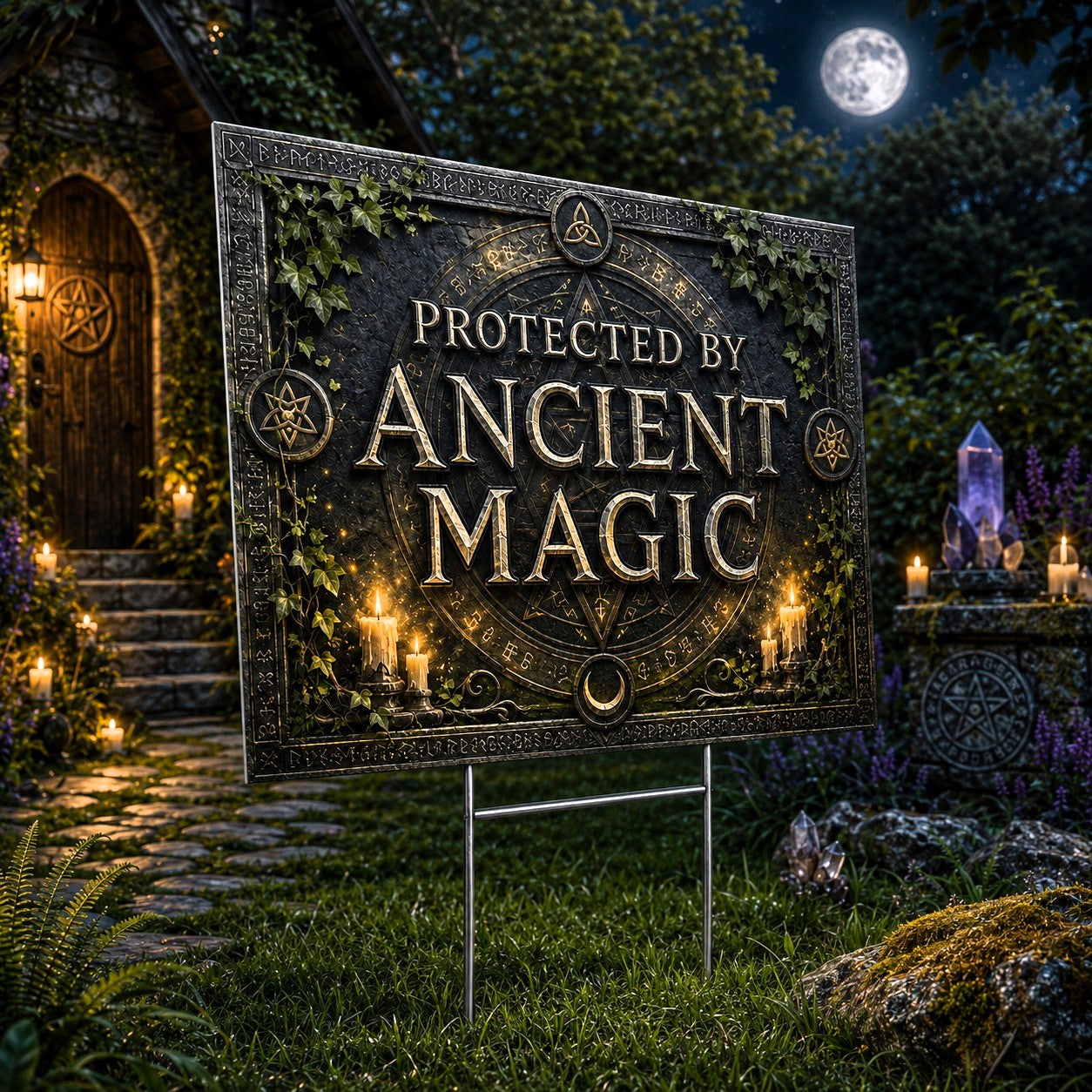 Protected by Ancient Magic Wicca Yard Sign - close up detail