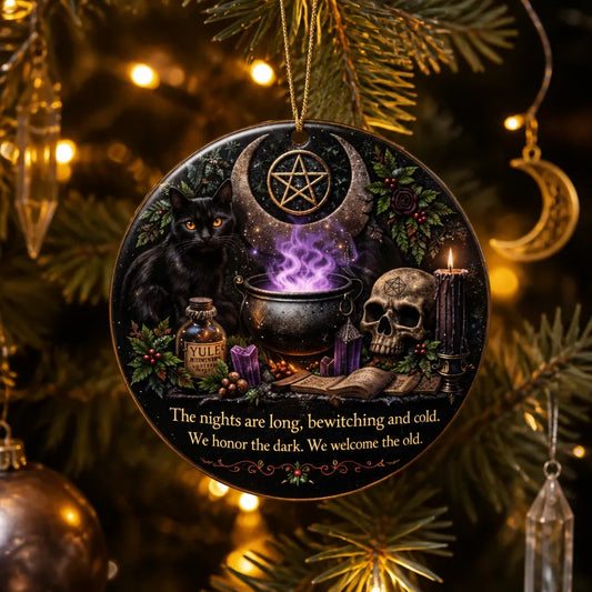 Gothic Yule Ceramic Ornament with Black Cat & Skull – Dark Christmas Tree Decoration_mockup_1.webp