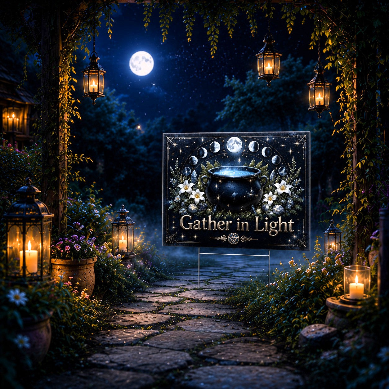 Gather in Light Wicca Yard Sign - close up detail