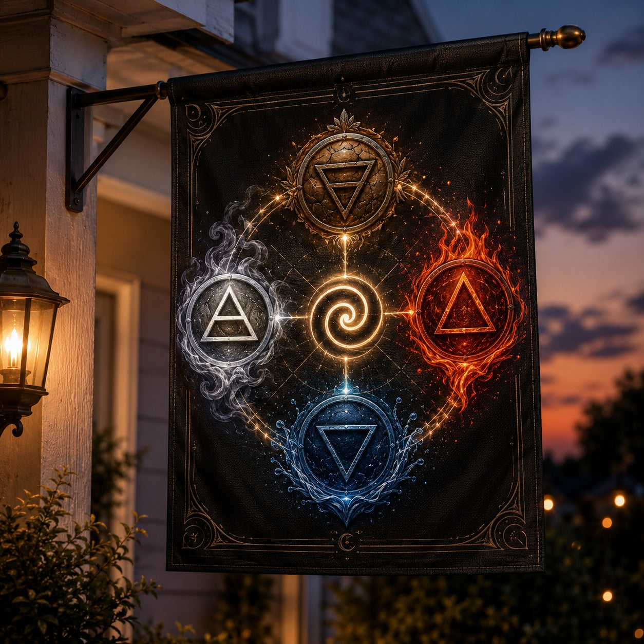 Elemental Wheel house flag with Earth Air Fire Water spiral rune design