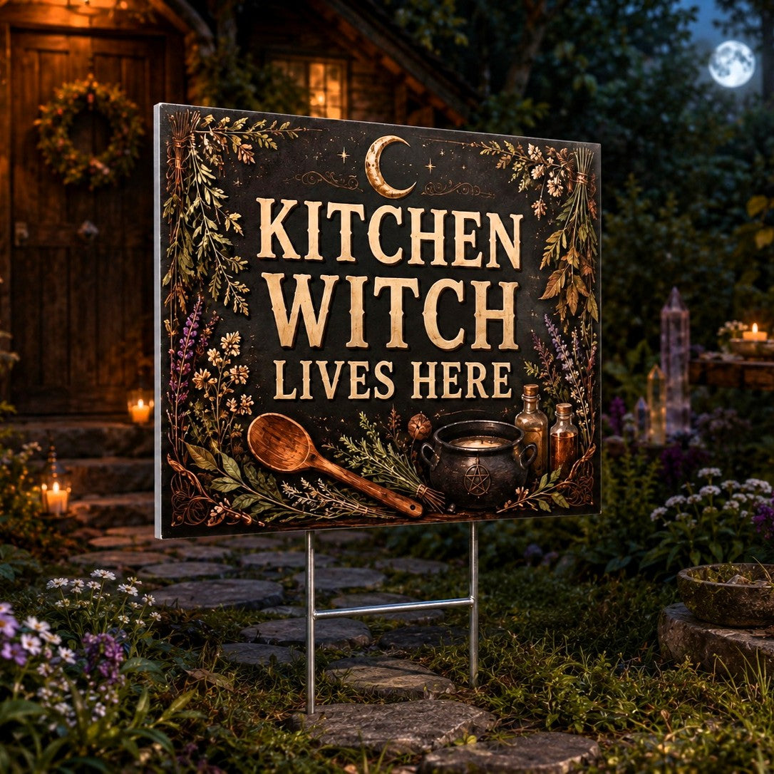 Kitchen Witch Lives Here Cauldron Moon Wicca Yard Sign - garden display