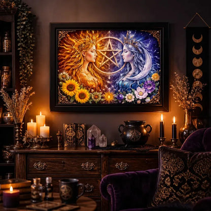 Pagan Sun Moon Celestial Goddess Print with Pentacle - Black Framed Canvas Wall Art for Wiccan Home Decor_mockup_1.webp