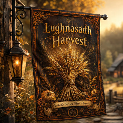 Lughnasadh Harvest house flag displayed outdoors on a garden flag stand