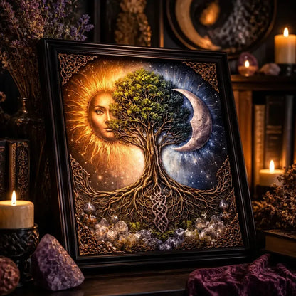 Celtic Tree of Life Canvas Print with Sun&Moon - Black Framed Pagan Art for Wiccan Home Decor_mockup_3.webp