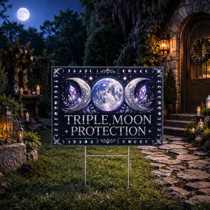 Triple Moon Protection Wicca Yard Sign - porch scene