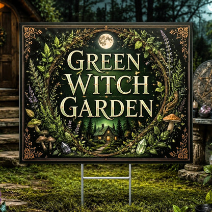 Green Witch Garden Wiccan Yard Sign - front view