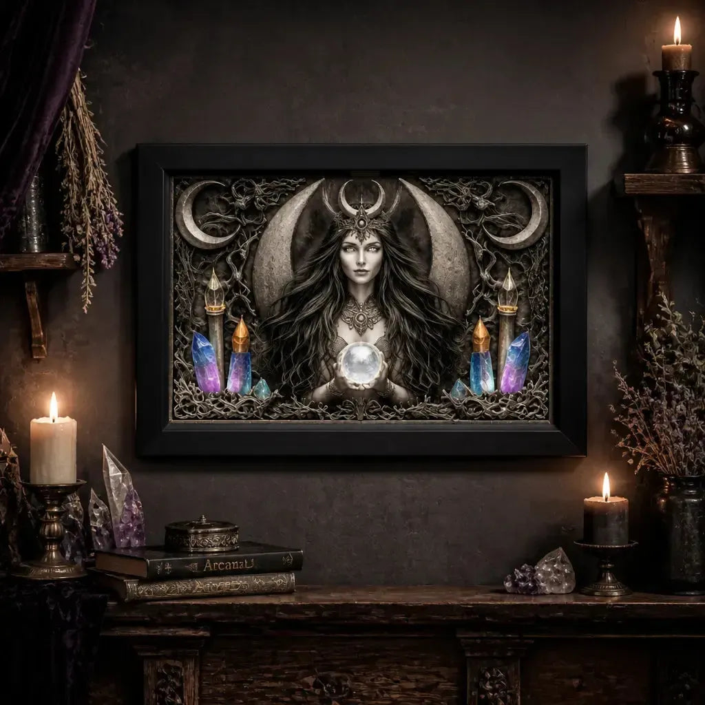 Gothic Wiccan Moon Goddess Black Framed Art Print - Witchy Canvas Wall Art for Pagan Home Decor_mockup_2.webp