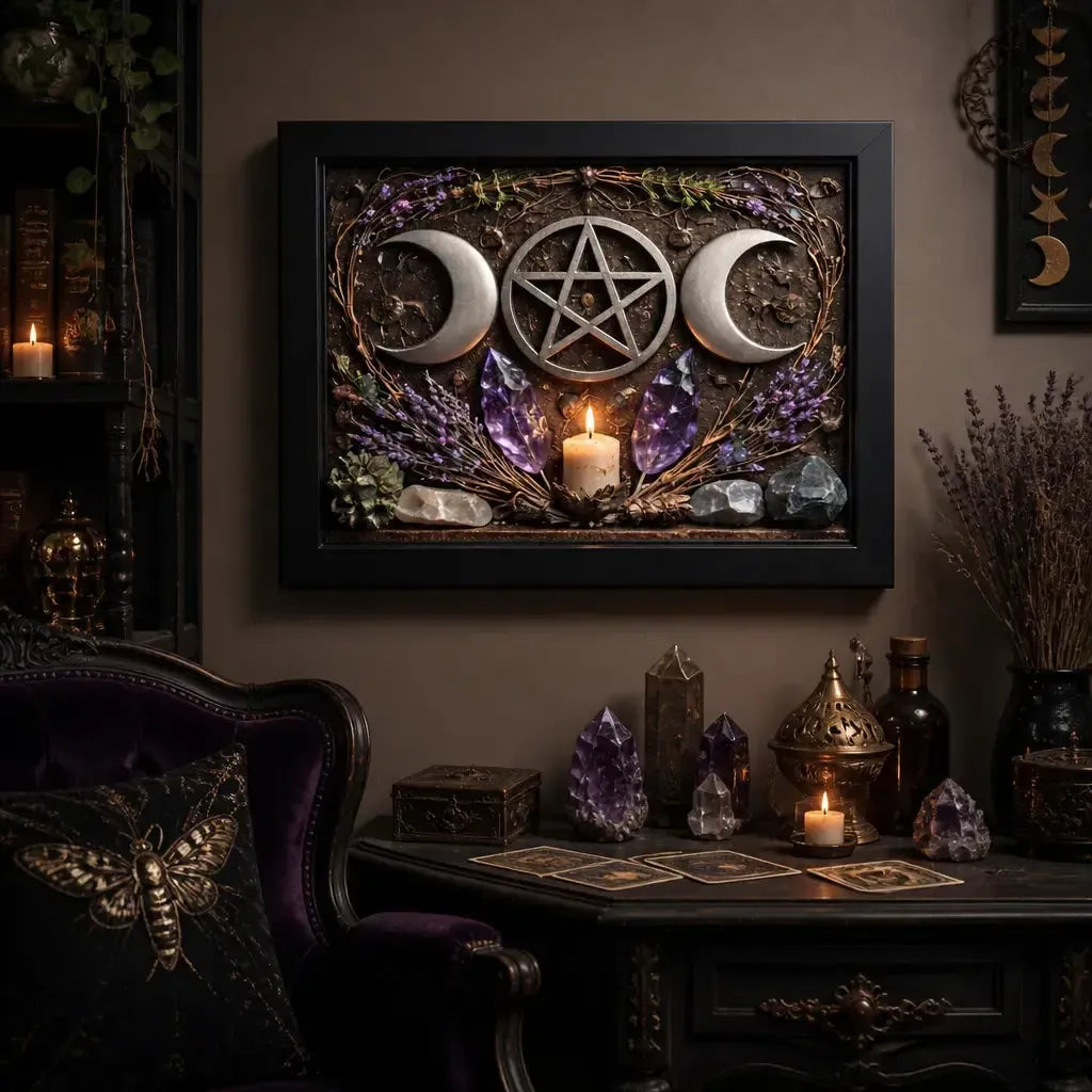 Wicca Triple Moon Canvas Wall Art - Pentacle Pagan Black Framed Art Print Occult Wall Decor_mockup_1.webp