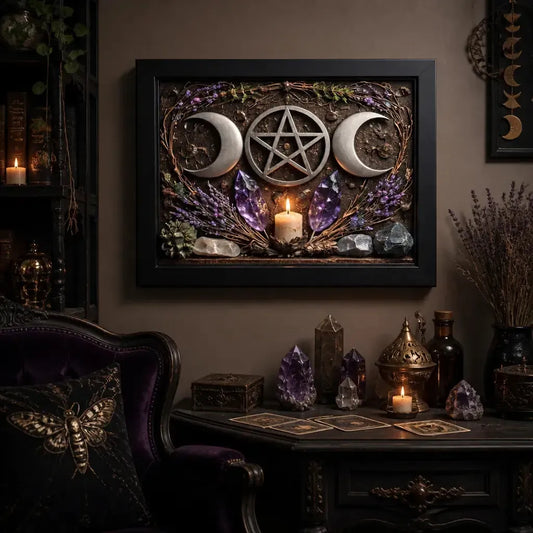 Wicca Triple Moon Canvas Wall Art - Pentacle Pagan Black Framed Art Print Occult Wall Decor_mockup_1.webp