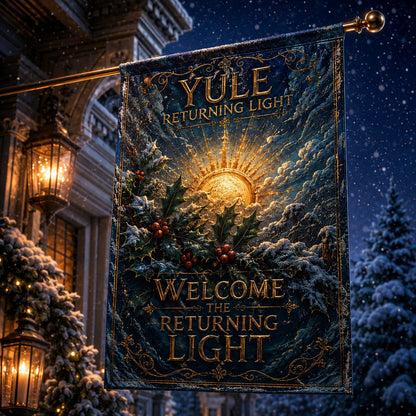 Yule Returning Light house flag mockup hanging outdoors as pagan winter decor