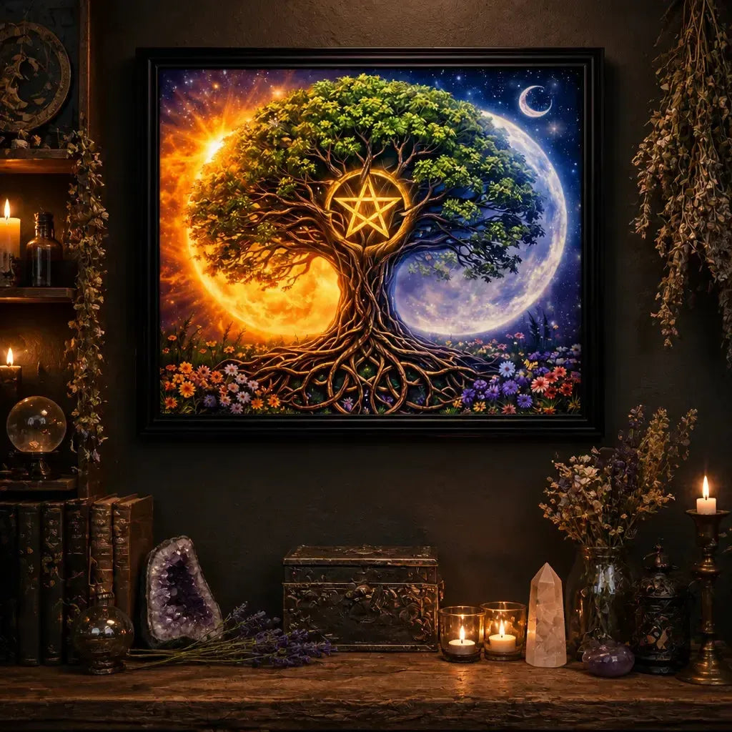 Spiritual Tree of Life Pentacle Canvas Print - Black Framed Pagan Art for Wiccan Home Decor_mockup_2.webp