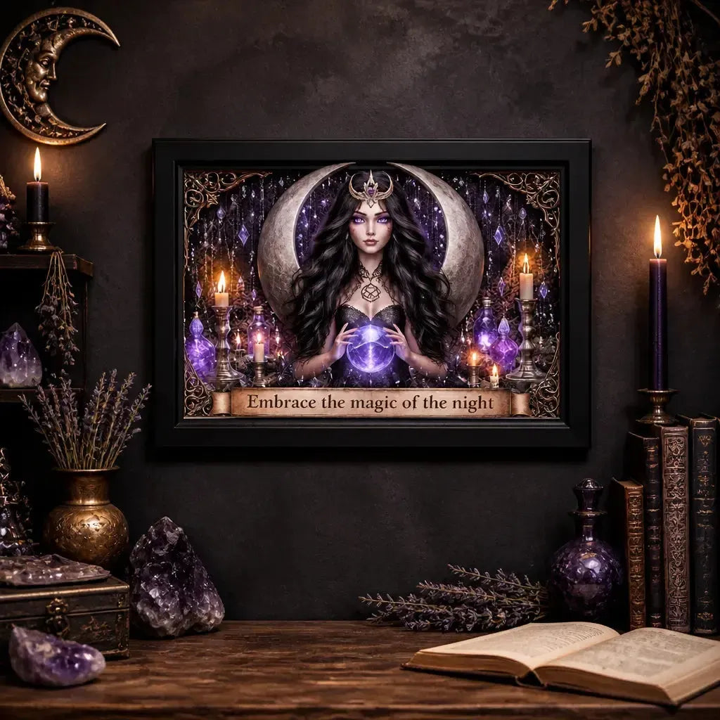 Wiccan Moon Goddess Black Framed Art Print - Witchy Canvas Wall Art for Pagan Altar Decor_mockup_2.webp