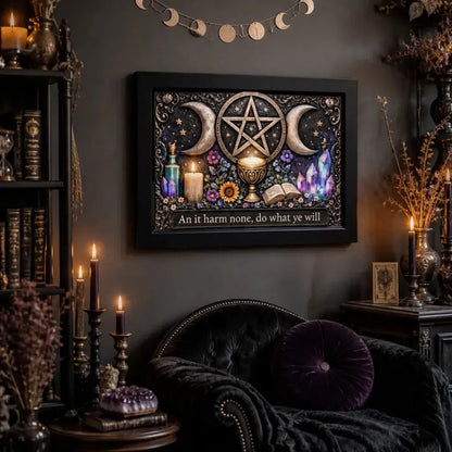 Wicca Triple Moon & Pentacle Canvas Wall Art - Pagan Black Framed Print for Altar and Sacred Space_mockup_1.webp