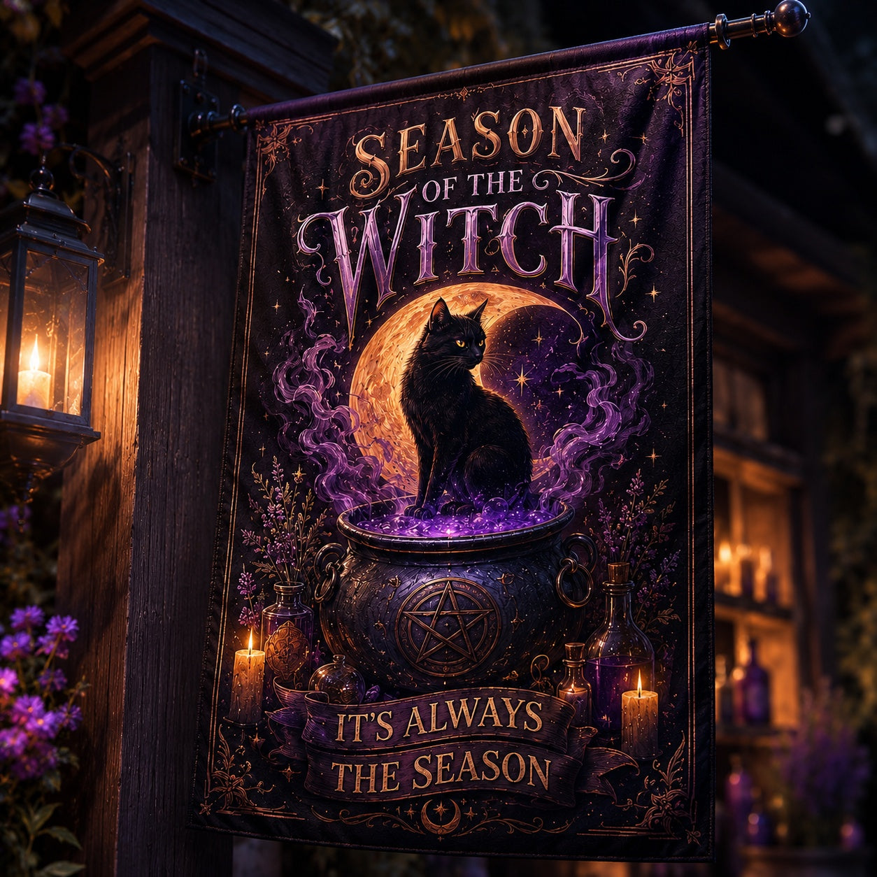 Season of the Witch house flag displayed outdoors on a garden flag stand