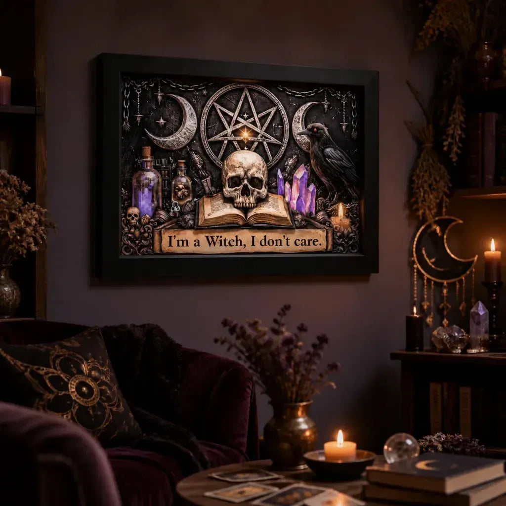 Witchcraft Triple Moon & Gothic Skull Raven Black Framed Art Print - Halloween Canvas Wall Art for Witchy Decor_mockup_1.webp