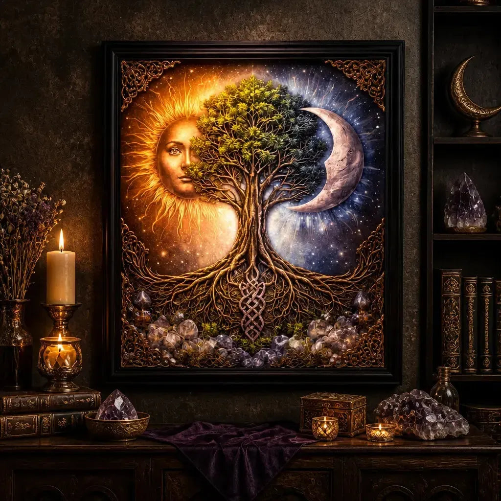 Celtic Tree of Life Canvas Print with Sun&Moon - Black Framed Pagan Art for Wiccan Home Decor_mockup_2.webp