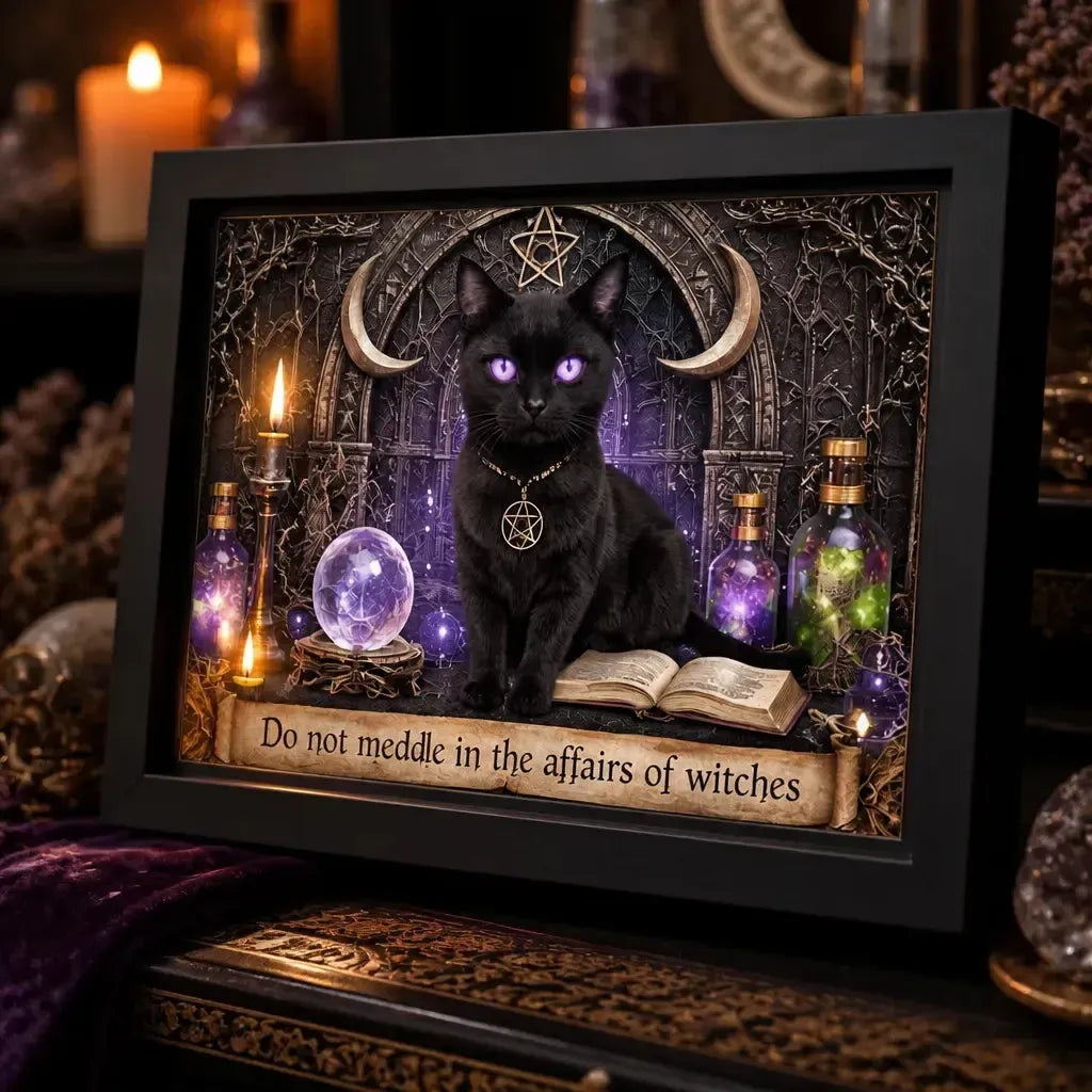 Wicca Black Cat Black Framed Art Print - Witchy Canvas Wall Art for Gothic Home Decor_mockup_3.webp