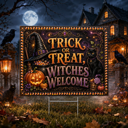 Trick or Treat, Witches Welcome Halloween Yard Sign - front view