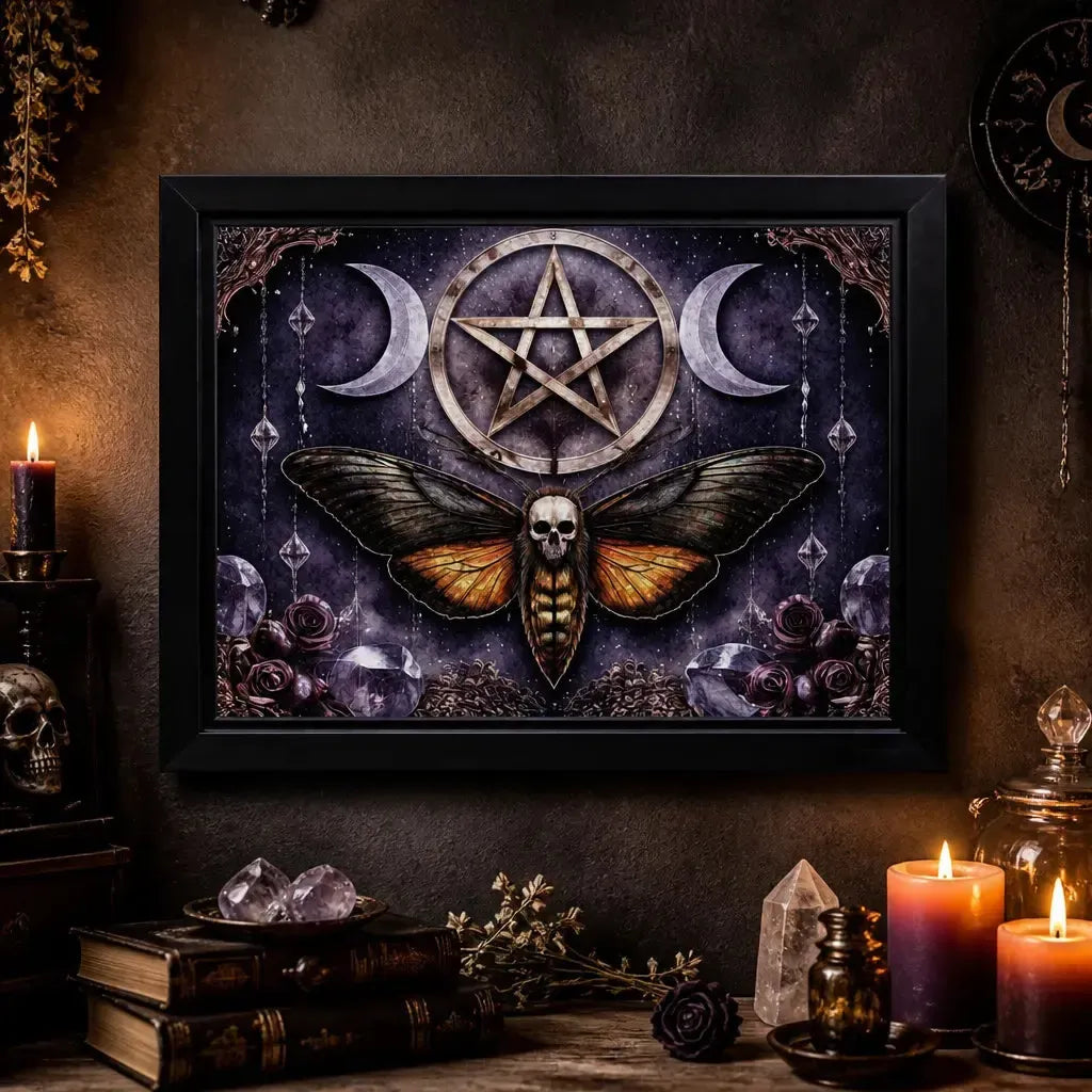 Death Moth Gothic Decor with Triple Moon - Halloween Black Framed Art Print Canvas for Witch Home Decor_mockup_2.webp