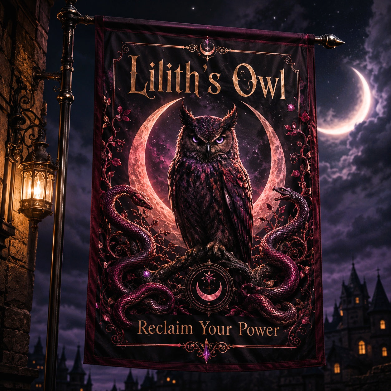 Liliths Owl house flag with Reclaim Your Power owl serpent gothic design