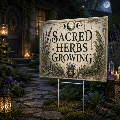 Sacred Herbs Growing Lavender Wicca Yard Sign - close up detail